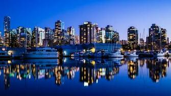 Vancouver Canada City Night Lights Buildings Sea Yacht Reflection