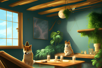 Cozy Gaming Room Dusk Manga Shiba Inu Plants Wallpaper Ai