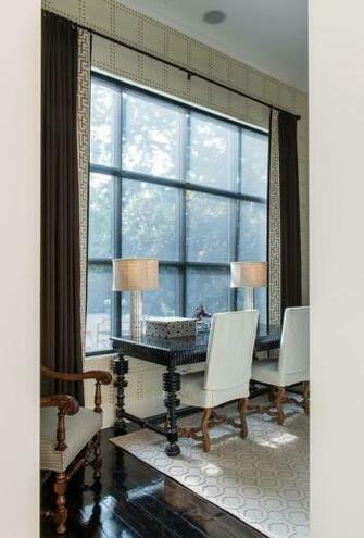 Brown Curtains Greek Key Trim Phillip Jeffries Rivets Wallpaper Jpg