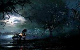 Escape Black Dark Trees Car Sky Moon Night