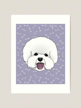 Bichon Frise Cartoon Illustration On Purple Bones Background Art