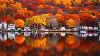 Autumn Lake Trees Houses Village Beautiful Scenery iPhone Wallpaper