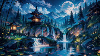 Chinese House Night Moon Scenery 4k Wallpaper iPhone HD Phone 8371m