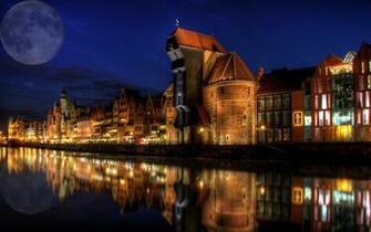 Wallpaper Poland Gdansk House River Arhitekturab Night The Moon