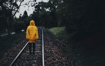 Wallpaper Raincoat Man Railway Lonely