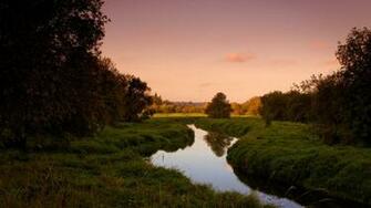 Small Stream On The Green Field HD Wallpaper
