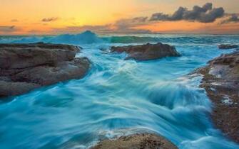 Ocean Rocks Sea Sky Sunrise Sunset Waves Wallpaper Background