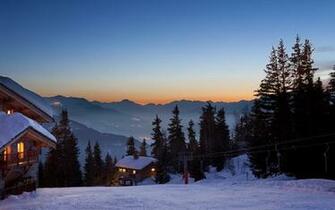 Winter Snow Resort Mountains Trees Sunset Sunrise Sky Buildings Cabin