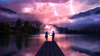 Electric Love Couple Holdings Hands At Pier Laptop Full HD Wallpaper
