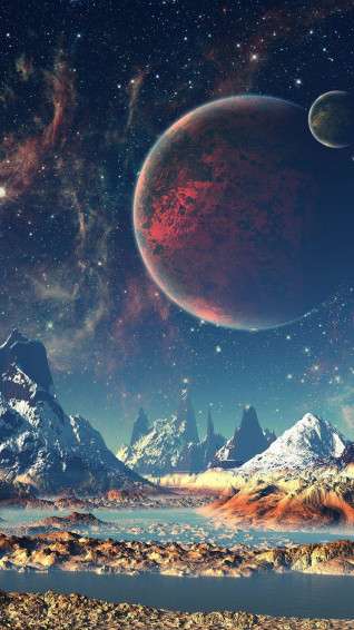 A Planet In Space With Mountains And Lake Wallpaper