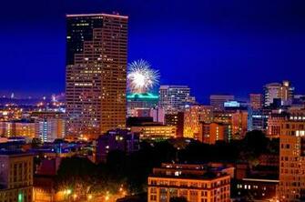 Portland Oregon Night City Fireworks Stock Photo Image