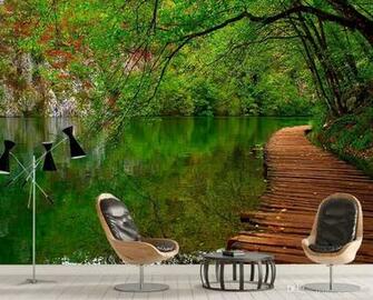 Custom Non Woven Wallpaper 3d Stereoscopic Lake Scenery Wall