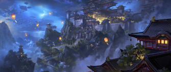 Anime Sky Lantern Mountain Japanese Castle Night