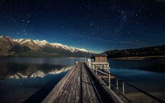 Mountains Water Pier New Zealand Night Landscape Of