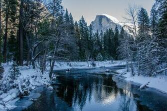 Yosemite National Park Winter River Trees Mountains Landscape