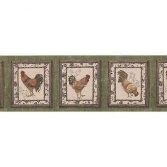 Retro Art Rooster Paintings On Green Wall Vintage Prepasted