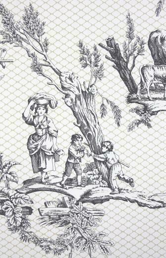 Wallpaper A Toile Depicting Rural Scene In Black On White