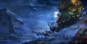 Santa With Sleigh And Reindeers In The Sky Christmas Background
