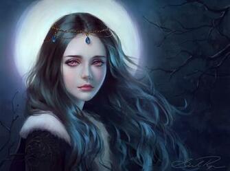 Moonlight Tree Girl Fantasy Face Red Eyes Princess Long
