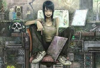 Girl Anime Tablet Skull Headphones Art Desktop Wallpaper