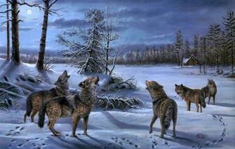 Wallpaper Winter Forest Night The Moon Wolf Pack Wolves Hut