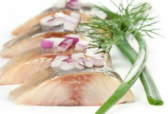 Herring Halves Onion Dill White Background Stock Photos