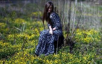 Girl Among The Yellow Forest Flowers Wallpaper