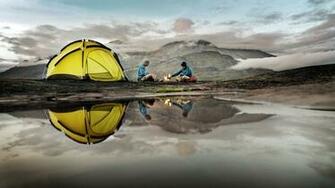 Camp Camping Sports Lakes Water Mountains People Fire Flames Wallpaper