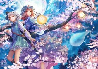 Girl Anime Katana Konpaku Youmu Full Moon Petals Saigyouji Yuyuko Siro