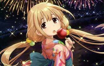 Wallpaper Lights Girl Lollipop Kimono Fireworks Long Hair
