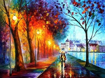 Art Leonid Afremov City Couple Umbrella Lights
