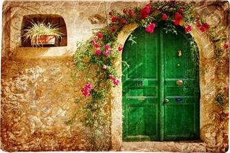House Door Pattern Crimson Flowers Wallpaper