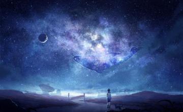 Anime Sky Milky Way Stars Boy Dog Moon Whale Galaxy