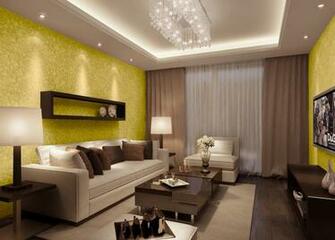 Yellow Wallpaper Night Rendering In Living Room 3d House