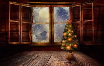 Wallpaper Snow Night The Moon Window Tree Shutters Christmas