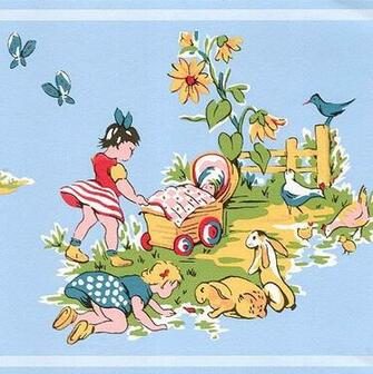 Playtime Border 1960s Style Wallpaper With Children Playing