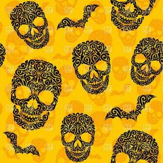Halloween Yellow Seamless Background With Ornate Skulls And Bats