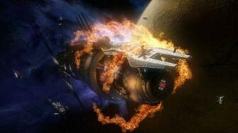 Spacecraft Explosion Fire Futuristic Stars Wallpaper Background