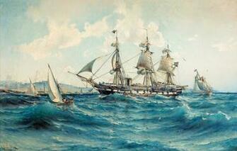 Wallpaper Sea Ship Storm Harbour Herman Gustav Sillen Realism