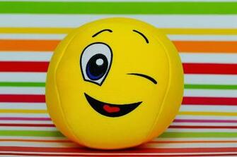 Winking Smiley Ball Plush Toy On Concrete Pavement Image