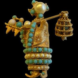 Figural Pin With Lovebirds And Bird Cage Faux Turquoise Pearls