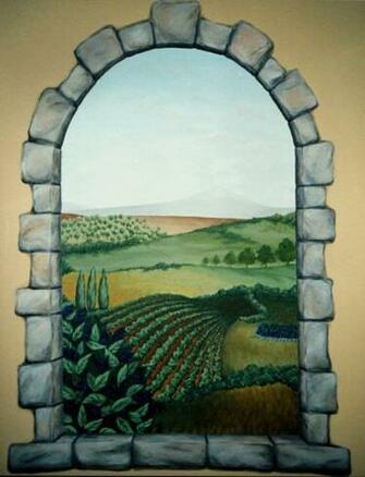 Vineyard Window Scene Mural Wallpaper Beach