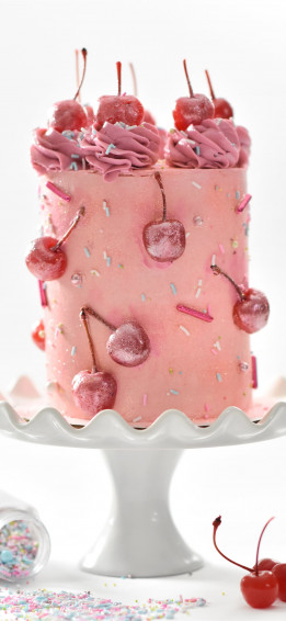 Pink Cherry Cake On White Footed Tray iPhone