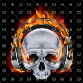 Flaming Metal Skull In Headphones On Black Background Background