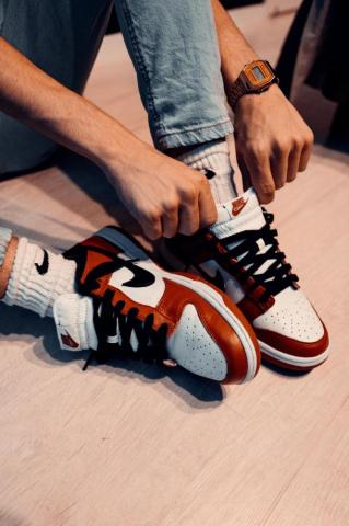 Person Wearing Red And White Nike Sneakers Photo Custom