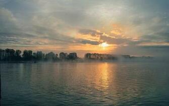 Foggy Lake Trees Clouds Sunset Wallpaper