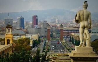 Barcelona Spain Sky Mountains Houses Tower Statue
