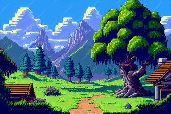 Video Game Background Landscape With Mountains And Forests In Bit Wallpaper
