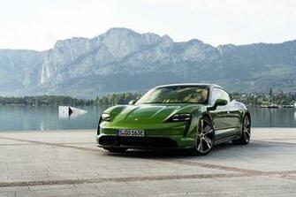 Wallpaper Porsche Turbo S Taycan Green Metallic Automobile