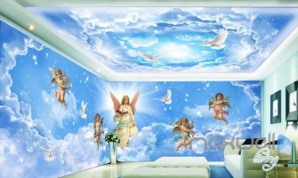 3d Angels Sky Heaven Clouds Pegion Full Living Room Bedroom